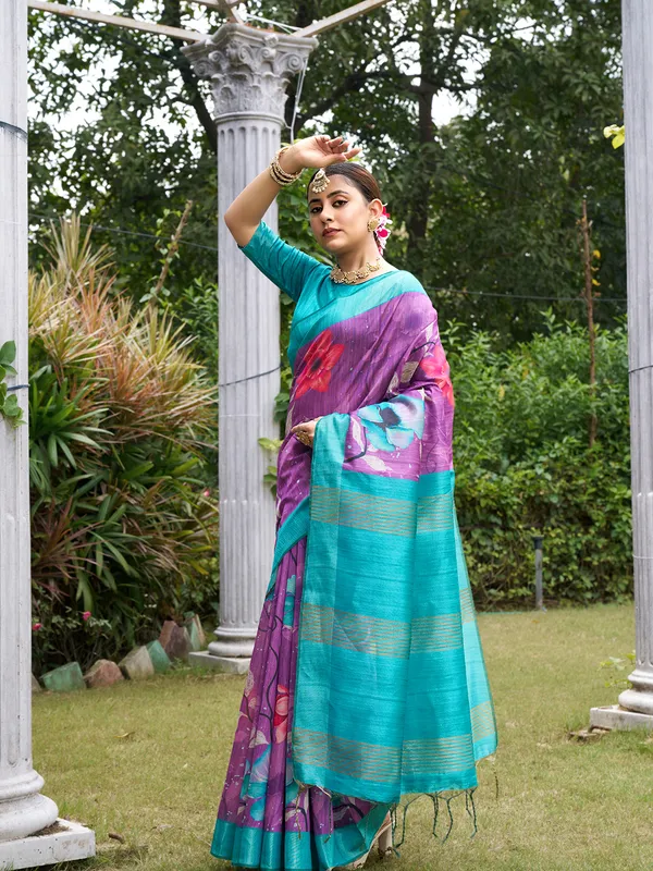 Yukti_Purple_–_Navratri_Special_|_Soft_Tussar_Silk_Saree_with_Print,_Border_&_Contrast_Print_Blouse_with_Tassels
