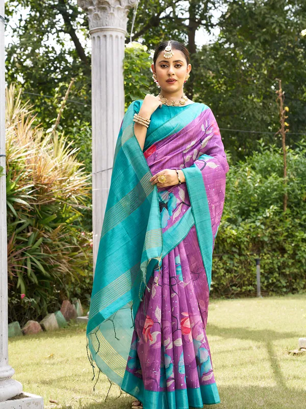 Yukti_Purple_–_Navratri_Special_|_Soft_Tussar_Silk_Saree_with_Print,_Border_&_Contrast_Print_Blouse_with_Tassels