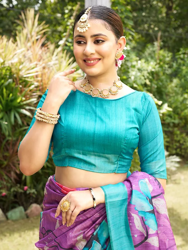 Yukti_Purple_–_Navratri_Special_|_Soft_Tussar_Silk_Saree_with_Print,_Border_&_Contrast_Print_Blouse_with_Tassels