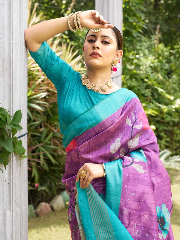 Yukti_Purple_–_Navratri_Special_|_Soft_Tussar_Silk_Saree_with_Print,_Border_&_Contrast_Print_Blouse_with_Tassels