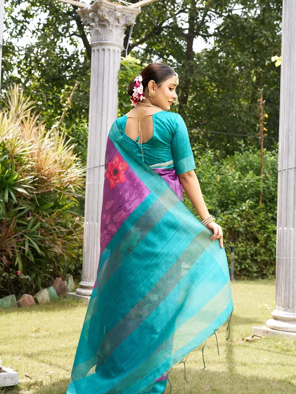 Yukti_Purple_–_Navratri_Special_|_Soft_Tussar_Silk_Saree_with_Print,_Border_&_Contrast_Print_Blouse_with_Tassels