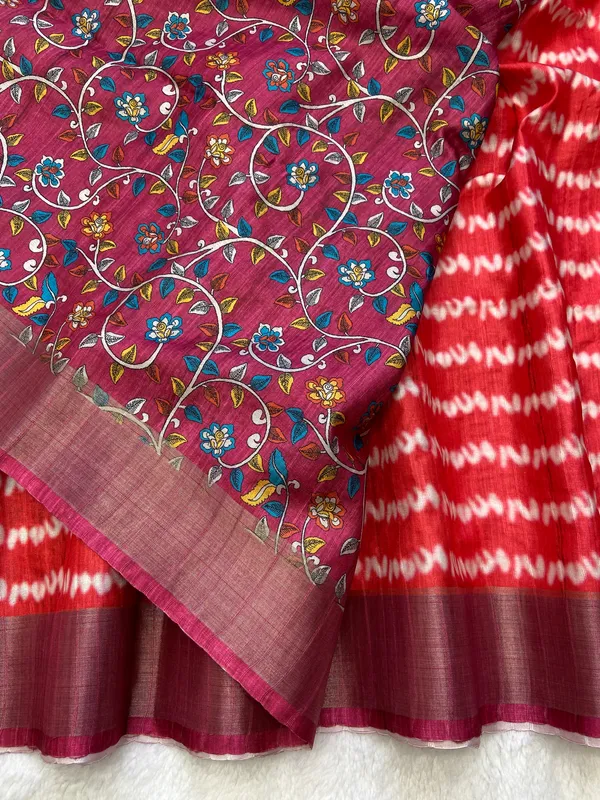 Gauri_Pink_–_Divine_Navratri_Special_|_Soft_Tussar_Silk_Saree_with_Print,_Border_&_Contrast_Print_Blouse_with_Tassels