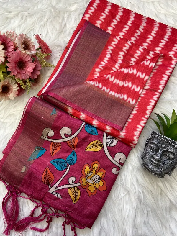 Gauri_Pink_–_Divine_Navratri_Special_|_Soft_Tussar_Silk_Saree_with_Print,_Border_&_Contrast_Print_Blouse_with_Tassels