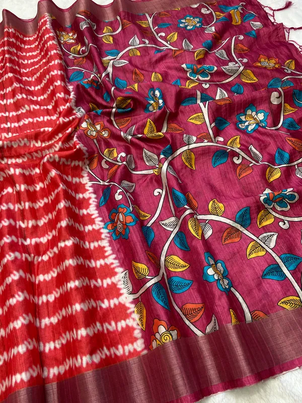 Gauri_Pink_–_Divine_Navratri_Special_|_Soft_Tussar_Silk_Saree_with_Print,_Border_&_Contrast_Print_Blouse_with_Tassels