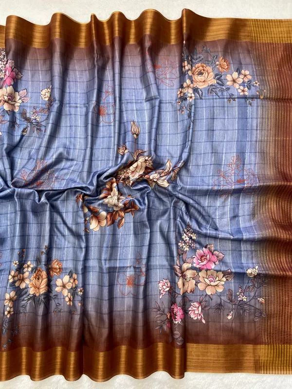 Soft_Tussar_Silk_sarees_with_Beautiful_Print_With_Attractive_Border_And_Contrast_Print_Blouse_With_Tassels
