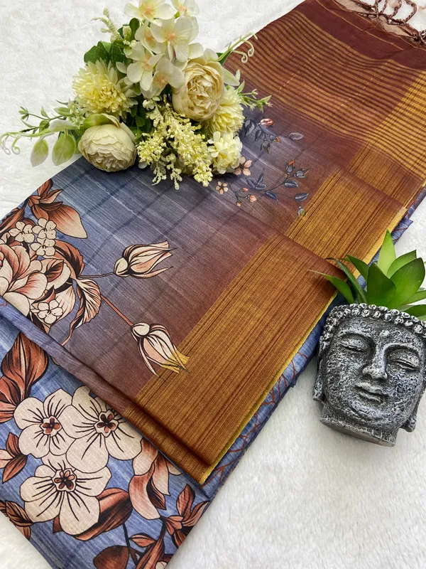Soft_Tussar_Silk_sarees_with_Beautiful_Print_With_Attractive_Border_And_Contrast_Print_Blouse_With_Tassels
