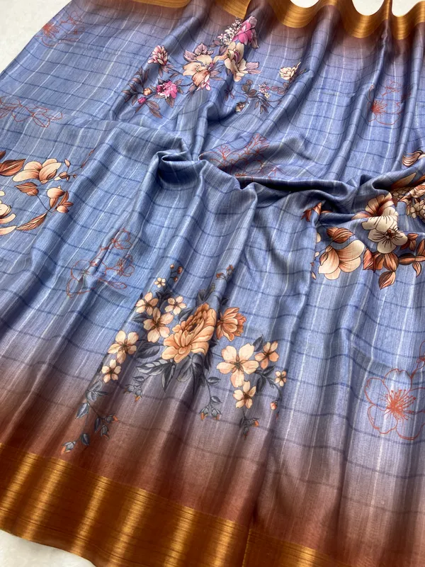 Soft_Tussar_Silk_sarees_with_Beautiful_Print_With_Attractive_Border_And_Contrast_Print_Blouse_With_Tassels