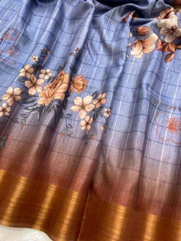 Soft_Tussar_Silk_sarees_with_Beautiful_Print_With_Attractive_Border_And_Contrast_Print_Blouse_With_Tassels