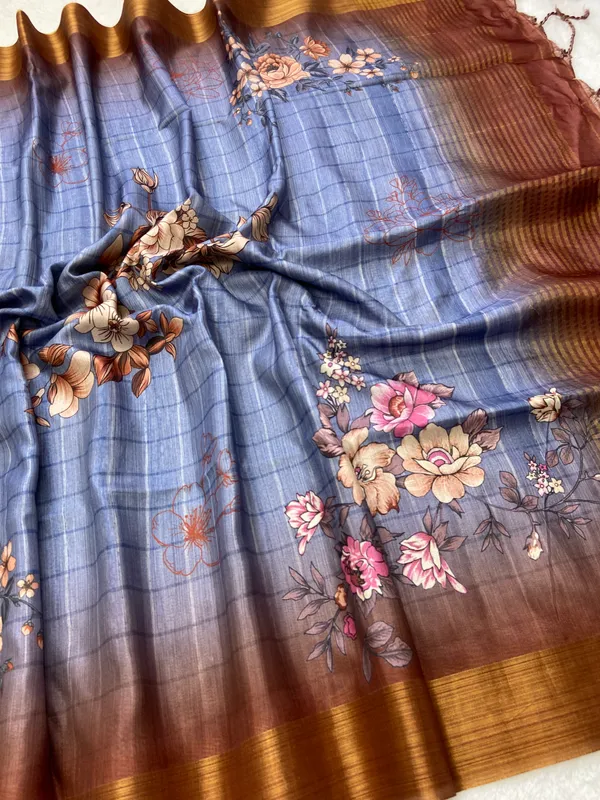 Soft_Tussar_Silk_sarees_with_Beautiful_Print_With_Attractive_Border_And_Contrast_Print_Blouse_With_Tassels