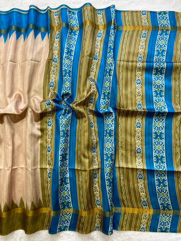 Soft_Tussar_Silk_sarees_with_Beautiful_Print_With_Attractive_Border_And_Contrast_Print_Blouse_With_Tassels