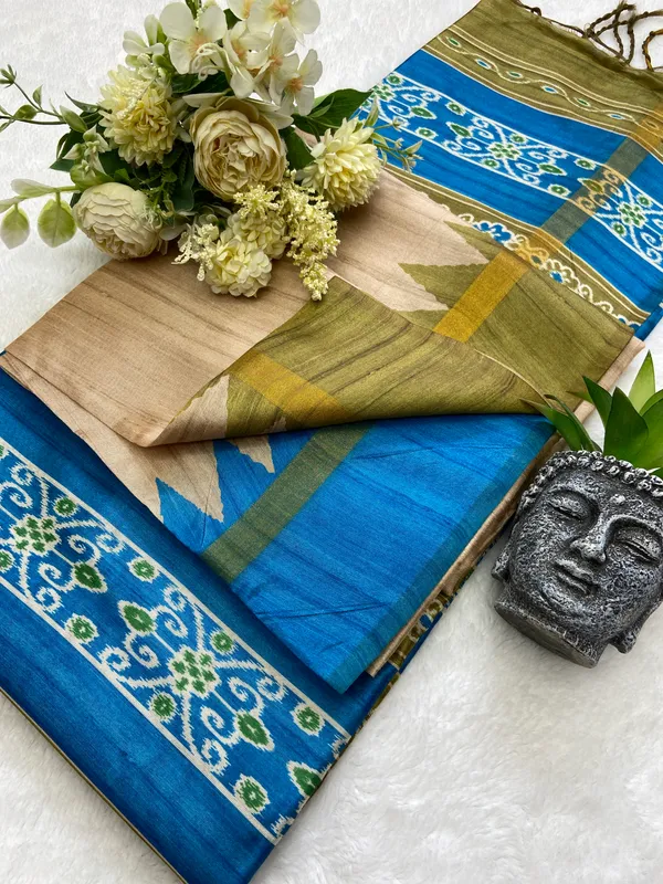 Soft_Tussar_Silk_sarees_with_Beautiful_Print_With_Attractive_Border_And_Contrast_Print_Blouse_With_Tassels