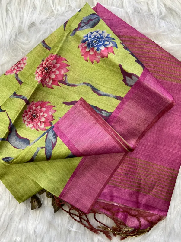 Soft_Tussar_Silk_sarees_with_Beautiful_Print_With_Attractive_Border_And_Contrast_Print_Blouse_With_Tassels