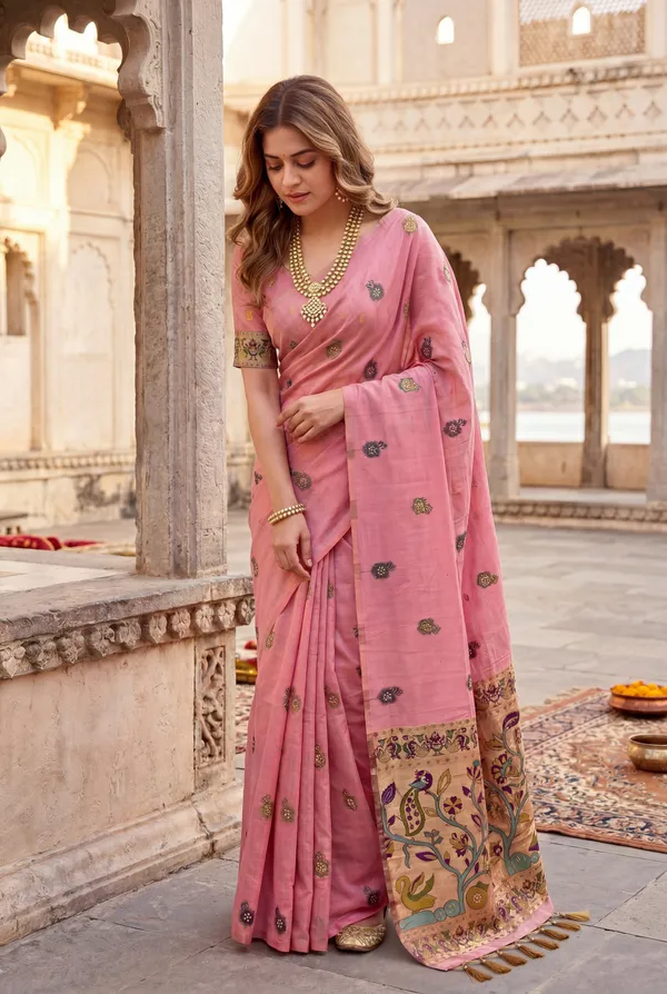 Swan_Pink_–_Swan_Motif_Wedding_Special_|_Premium_Soft_Muga_Cotton_Paithani_Saree_with_Weaving_Design_Featuring_Jungle_Theme_&_Swan_Motifs_Pallu