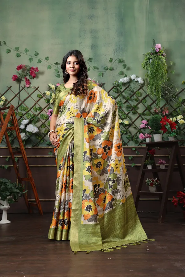 Soft_Tussar_Silk_sarees_with_Beautiful_Digital_Print_With_Attractive_Border_And_Contrast_Print_Blouse_With_Tassels