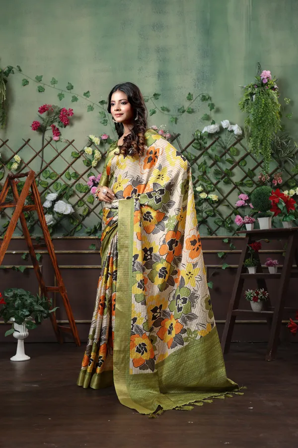 Soft_Tussar_Silk_sarees_with_Beautiful_Digital_Print_With_Attractive_Border_And_Contrast_Print_Blouse_With_Tassels