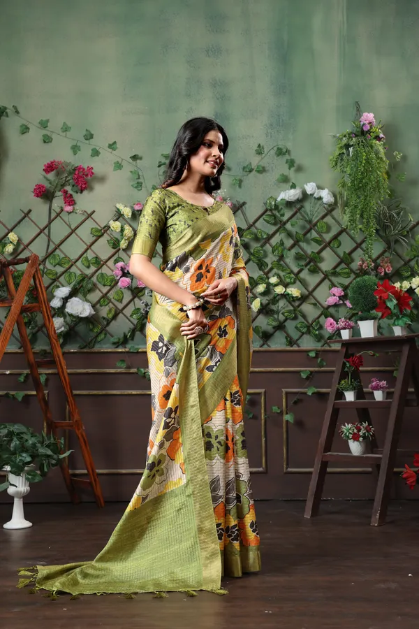 Soft_Tussar_Silk_sarees_with_Beautiful_Digital_Print_With_Attractive_Border_And_Contrast_Print_Blouse_With_Tassels