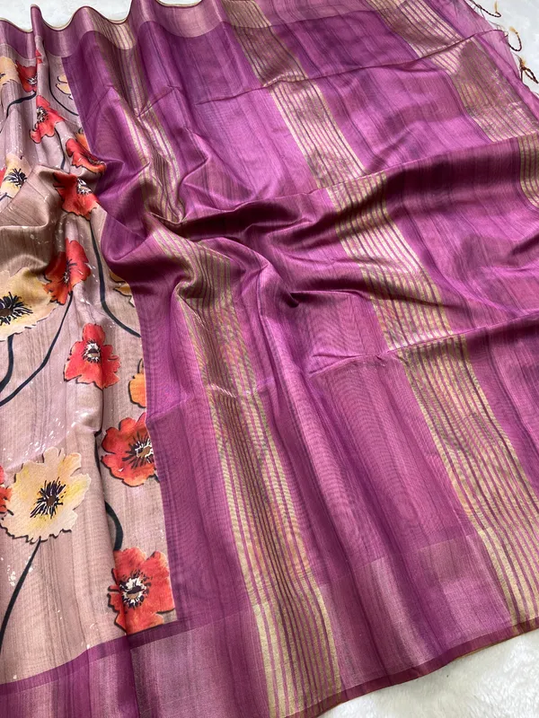 Arunima_Wine_–_Dawn_Blush_Diwali_Special_|_Soft_Tussar_Silk_Saree_with_Print,_Border_&_Contrast_Print_Blouse_with_Tassels