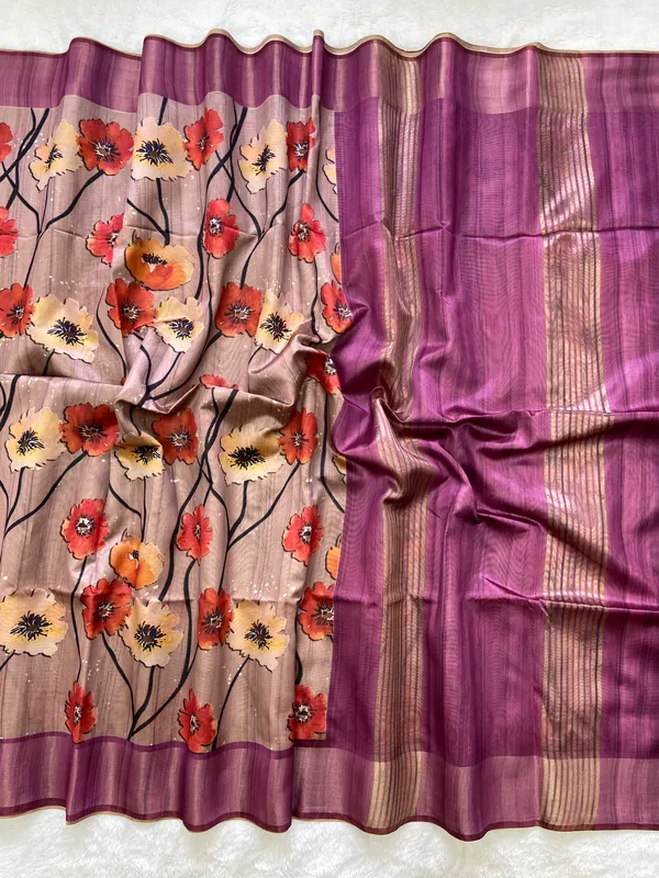 Arunima_Wine_–_Dawn_Blush_Diwali_Special_|_Soft_Tussar_Silk_Saree_with_Print,_Border_&_Contrast_Print_Blouse_with_Tassels