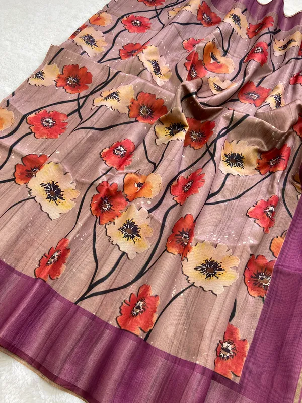 Arunima_Wine_–_Dawn_Blush_Diwali_Special_|_Soft_Tussar_Silk_Saree_with_Print,_Border_&_Contrast_Print_Blouse_with_Tassels