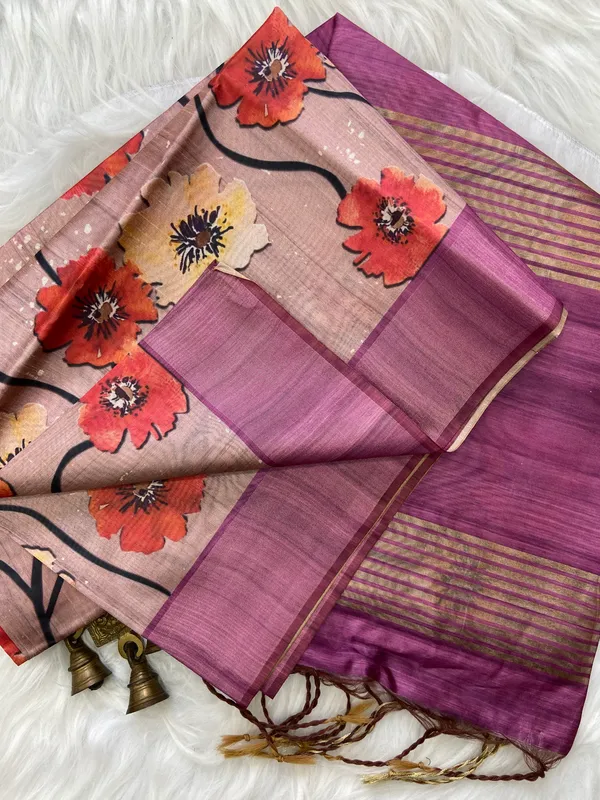 Arunima_Wine_–_Dawn_Blush_Diwali_Special_|_Soft_Tussar_Silk_Saree_with_Print,_Border_&_Contrast_Print_Blouse_with_Tassels