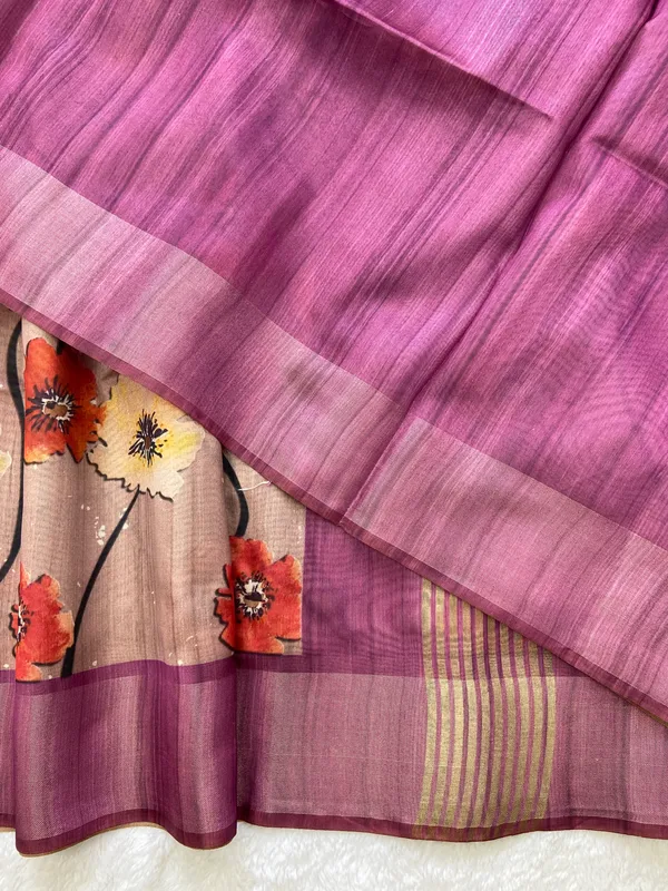 Arunima_Wine_–_Dawn_Blush_Diwali_Special_|_Soft_Tussar_Silk_Saree_with_Print,_Border_&_Contrast_Print_Blouse_with_Tassels
