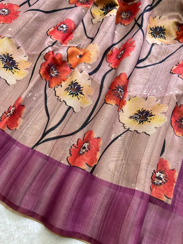 Arunima_Wine_–_Dawn_Blush_Diwali_Special_|_Soft_Tussar_Silk_Saree_with_Print,_Border_&_Contrast_Print_Blouse_with_Tassels
