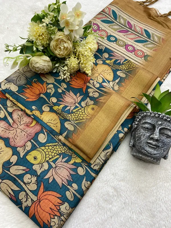 Soft_Tussar_Silk_sarees_with_Beautiful_Digital_Print_With_Attractive_Border_And_Contrast_Print_Blouse_With_Tassels