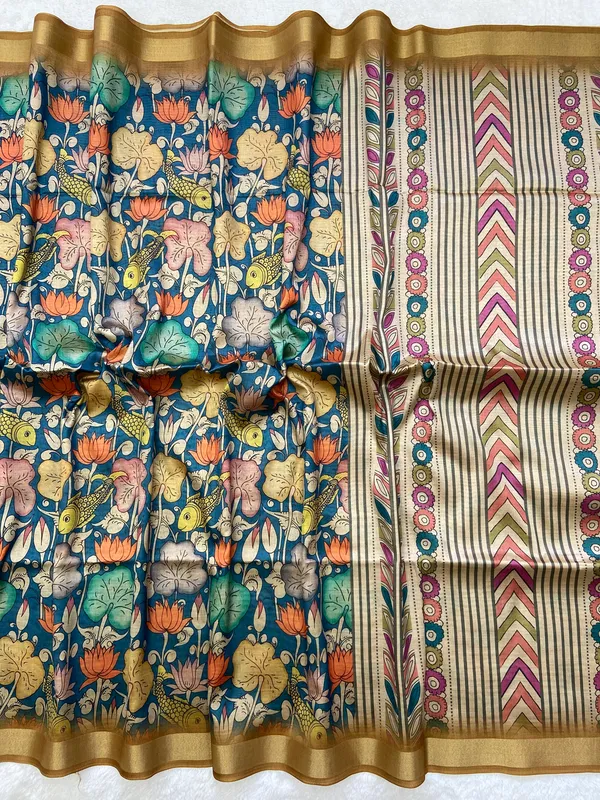 Soft_Tussar_Silk_sarees_with_Beautiful_Digital_Print_With_Attractive_Border_And_Contrast_Print_Blouse_With_Tassels