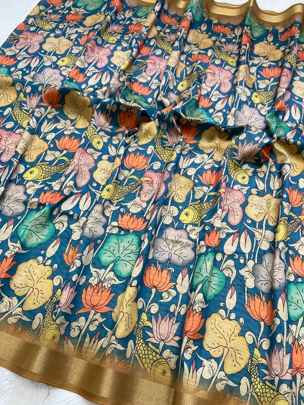 Soft_Tussar_Silk_sarees_with_Beautiful_Digital_Print_With_Attractive_Border_And_Contrast_Print_Blouse_With_Tassels
