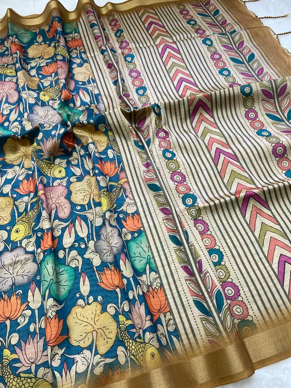 Soft_Tussar_Silk_sarees_with_Beautiful_Digital_Print_With_Attractive_Border_And_Contrast_Print_Blouse_With_Tassels