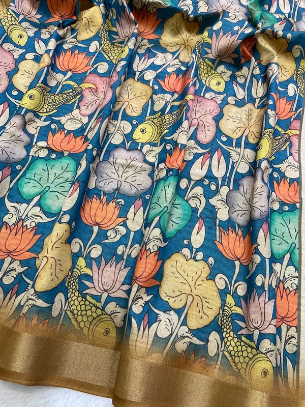 Soft_Tussar_Silk_sarees_with_Beautiful_Digital_Print_With_Attractive_Border_And_Contrast_Print_Blouse_With_Tassels