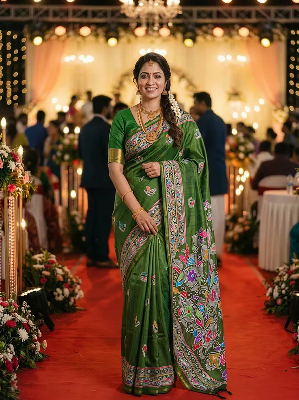 Diya_Green_–_Lamp_Lit_Diwali_Special_|_Soft_Tussar_Silk_Saree_with_Digital_Print,_Border_&_Contrast_Print_Blouse_with_Tassels