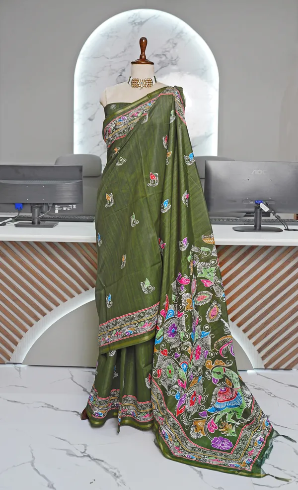 Diya_Green_–_Lamp_Lit_Diwali_Special_|_Soft_Tussar_Silk_Saree_with_Digital_Print,_Border_&_Contrast_Print_Blouse_with_Tassels