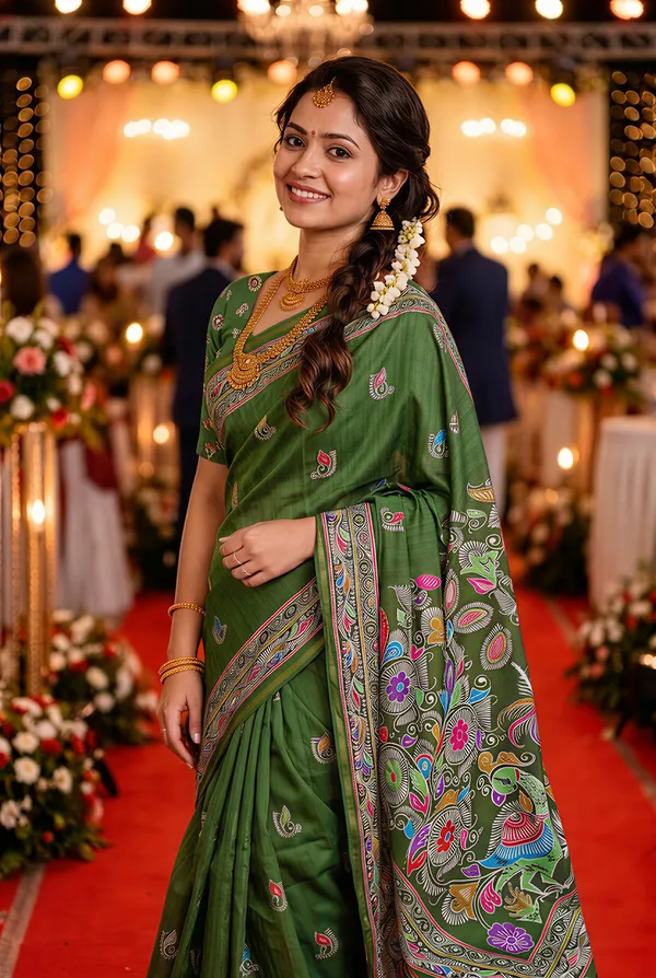 Diya_Green_–_Lamp_Lit_Diwali_Special_|_Soft_Tussar_Silk_Saree_with_Digital_Print,_Border_&_Contrast_Print_Blouse_with_Tassels