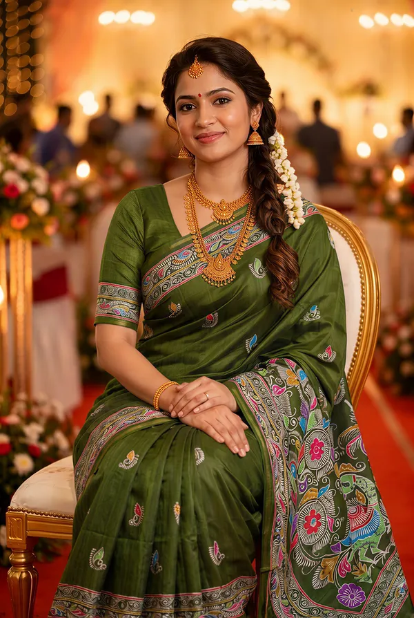 Diya_Green_–_Lamp_Lit_Diwali_Special_|_Soft_Tussar_Silk_Saree_with_Digital_Print,_Border_&_Contrast_Print_Blouse_with_Tassels
