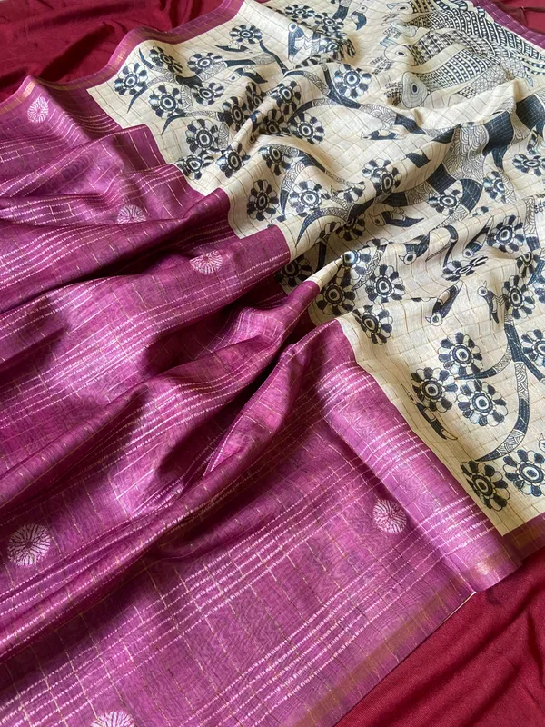 Soft_Semi_Tussar_Silk_sarees_with_Beautiful_Digital_Print_With_Attractive_Border_And_Contrast_Print_Blouse_With_Tassels