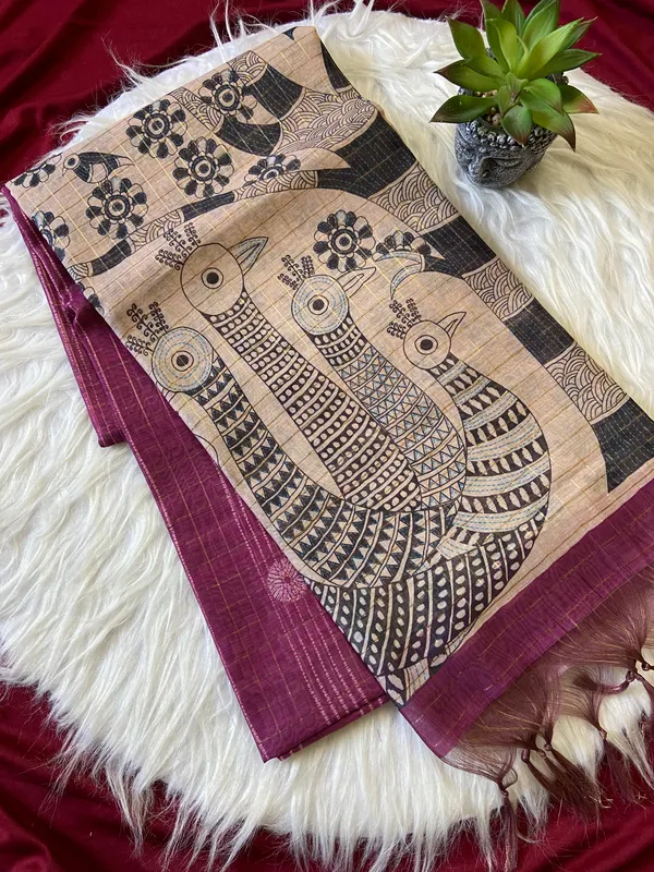 Soft_Semi_Tussar_Silk_sarees_with_Beautiful_Digital_Print_With_Attractive_Border_And_Contrast_Print_Blouse_With_Tassels