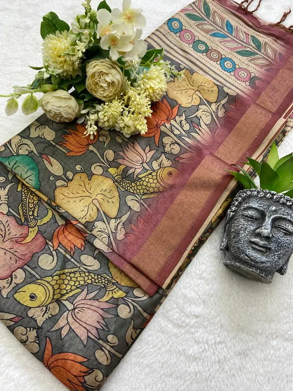 Soft_Tussar_Silk_sarees_with_Beautiful_Digital_Print_With_Attractive_Border_And_Contrast_Print_Blouse_With_Tassels