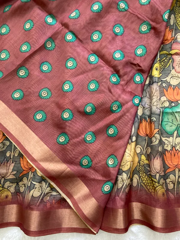 Soft_Tussar_Silk_sarees_with_Beautiful_Digital_Print_With_Attractive_Border_And_Contrast_Print_Blouse_With_Tassels