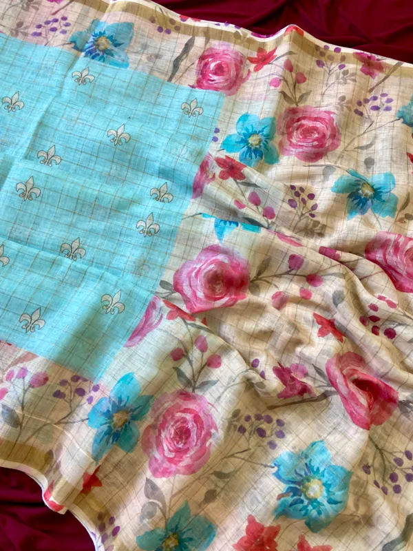 Kumud_Rama_Green_–_Water_Lily_Aesthetic_Edit_for_You_|_Soft_Premium_Linen_Saree_with_Print,_Checks_Design_Saree,_Gold_Zari_Border_&_Print_Blouse