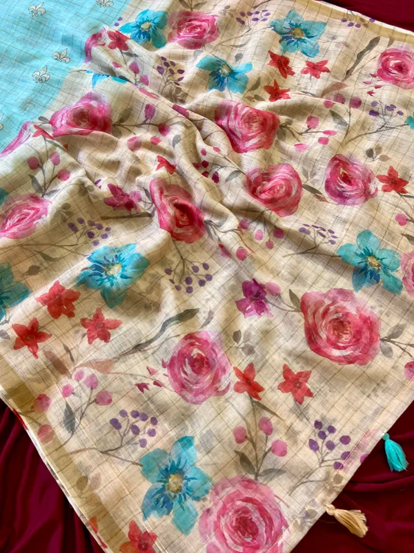 Kumud_Rama_Green_–_Water_Lily_Aesthetic_Edit_for_You_|_Soft_Premium_Linen_Saree_with_Print,_Checks_Design_Saree,_Gold_Zari_Border_&_Print_Blouse