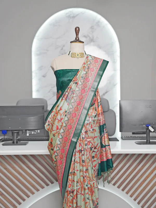 Soft_Tussar_Silk_sarees_with_Beautiful_Digital_Print_With_Attractive_Border_And_Contrast_Print_Blouse_With_Tassels
