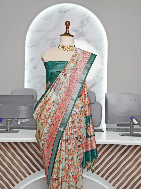 Soft_Tussar_Silk_sarees_with_Beautiful_Digital_Print_With_Attractive_Border_And_Contrast_Print_Blouse_With_Tassels