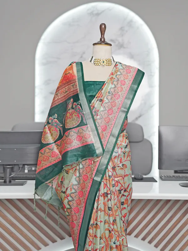 Soft_Tussar_Silk_sarees_with_Beautiful_Digital_Print_With_Attractive_Border_And_Contrast_Print_Blouse_With_Tassels