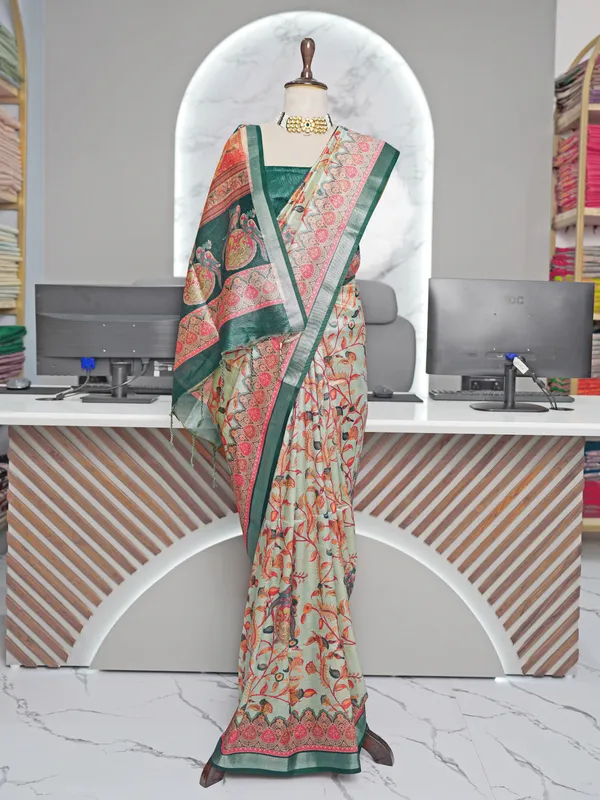 Soft_Tussar_Silk_sarees_with_Beautiful_Digital_Print_With_Attractive_Border_And_Contrast_Print_Blouse_With_Tassels