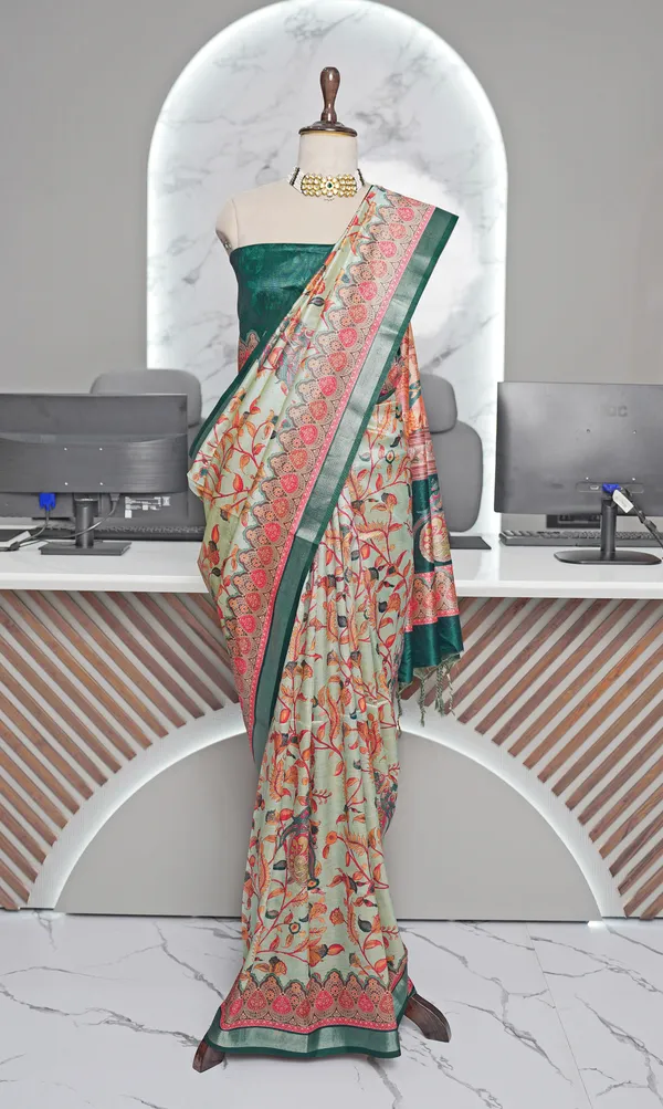Soft_Tussar_Silk_sarees_with_Beautiful_Digital_Print_With_Attractive_Border_And_Contrast_Print_Blouse_With_Tassels