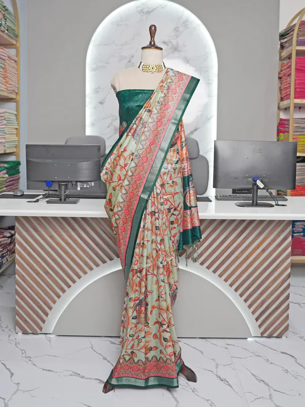 Soft_Tussar_Silk_sarees_with_Beautiful_Digital_Print_With_Attractive_Border_And_Contrast_Print_Blouse_With_Tassels