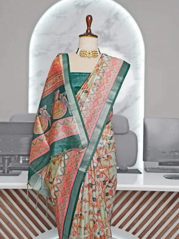 Soft_Tussar_Silk_sarees_with_Beautiful_Digital_Print_With_Attractive_Border_And_Contrast_Print_Blouse_With_Tassels