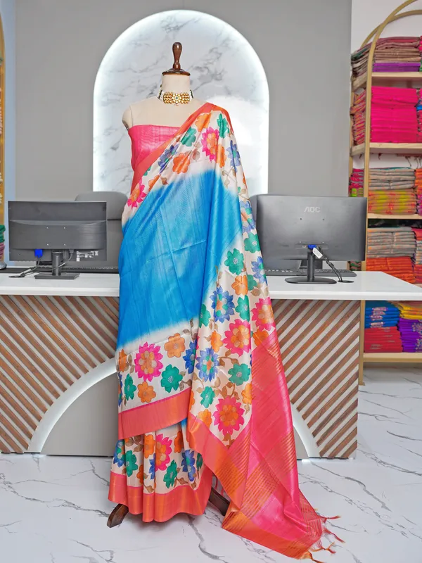 Aashvika_Sky_Blue_–_Navratri_Special_|_Soft_Tussar_Silk_Saree_with_Digital_Print,_Border_&_Contrast_Print_Blouse_with_Tassels