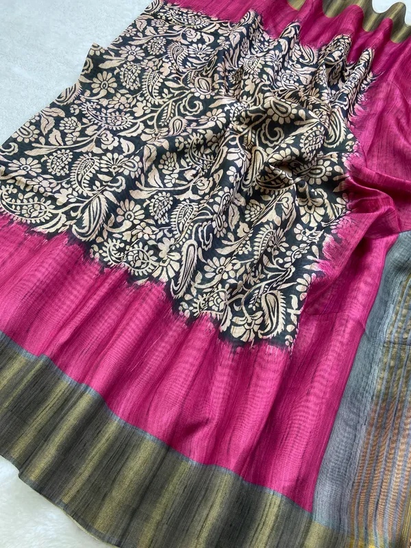 Mirza_Grey_&_Pink_–_Aesthetic_Edit_for_You_|_Soft_Tussar_Silk_Saree_with_Print,_Border_&_Contrast_Print_Blouse_with_Tassels